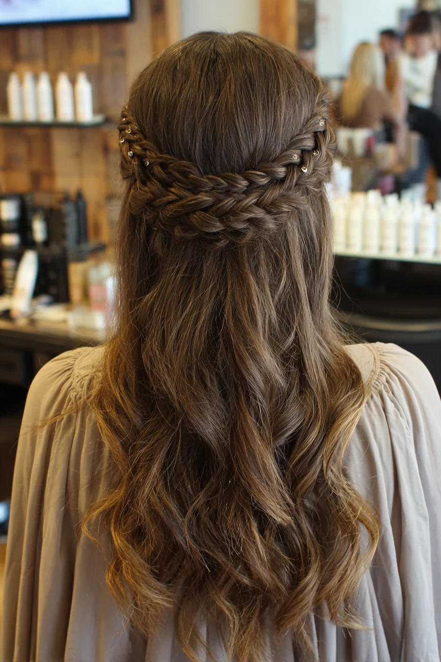 5. Geflochtene Boho-Krone in mittlerem Aschbraun (Brautjungfernfrisuren) – Brautjungfernfrisuren