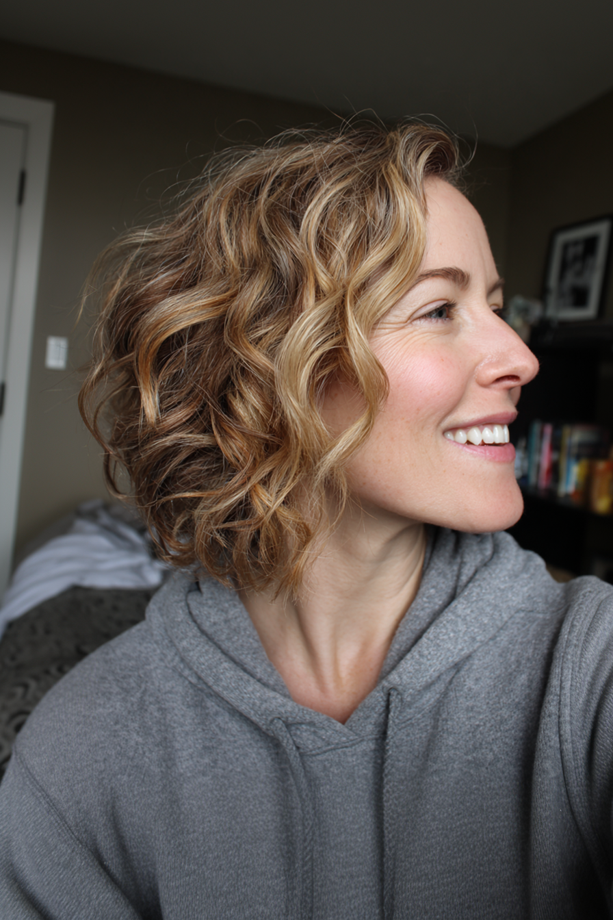 5. Bouncy Mid Legth geschnitten mit Honigblondenbändern (Frisuren für Frauen über 40 mit lockigem Haar) - Frisuren für Frauen über 40 mit lockigen Haaren