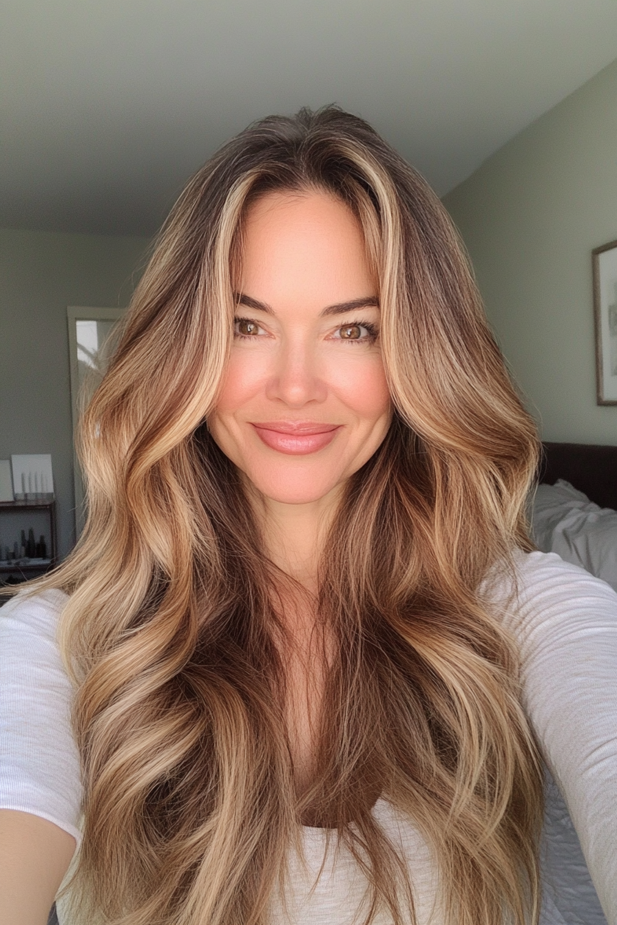 5. Karamellbalayage lange Schichten (trendige Haarschnitte für Frauen über 40) - trendige Haarschnitte für Frauen über 40