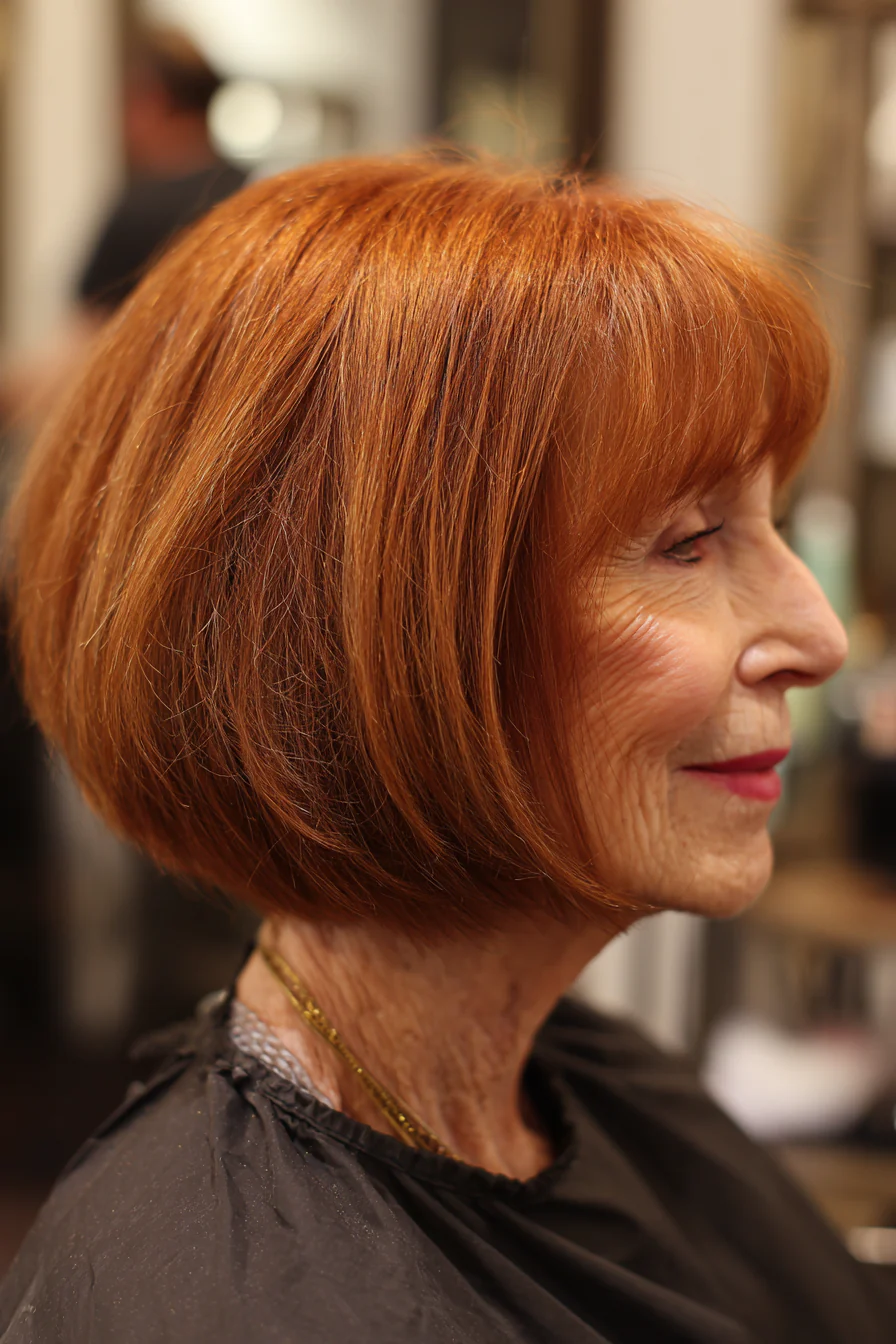 5. Klassischer stumpfer Bob in mittlerem Auburn (Bob-Frisuren für Frauen über 60 mit feinem Haar) – Bob-Frisuren für Frauen über 60 mit feinem Haar