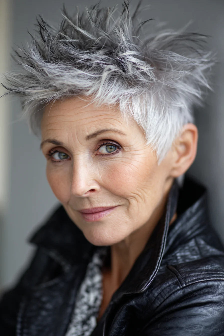 5. Klassischer Salz-und-Pfeffer-Stufenschnitt (Stachelige Haarschnitte für Frauen über 50) – Stachelige Haarschnitte für Frauen über 50