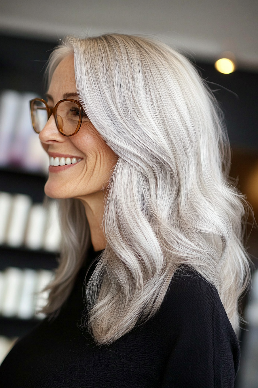 5. Classic Silver Long Bob mit Softenden (lange Frisuren für Frauen über 60 mit Brillen) - lange Frisuren für Frauen über 60 mit Brille