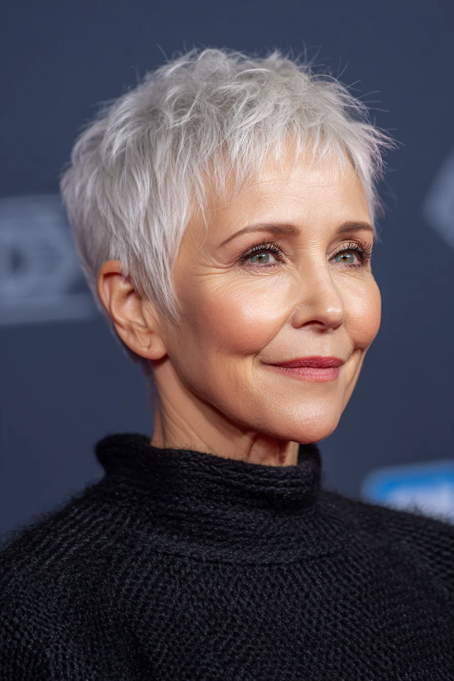 5. Crown-Boosted Pixie Bob in Smoky Silver (Haarschnitte für Frauen über 60 mit schütterem Haar) – Haarschnitte für Frauen über 60 mit schütterem Haar