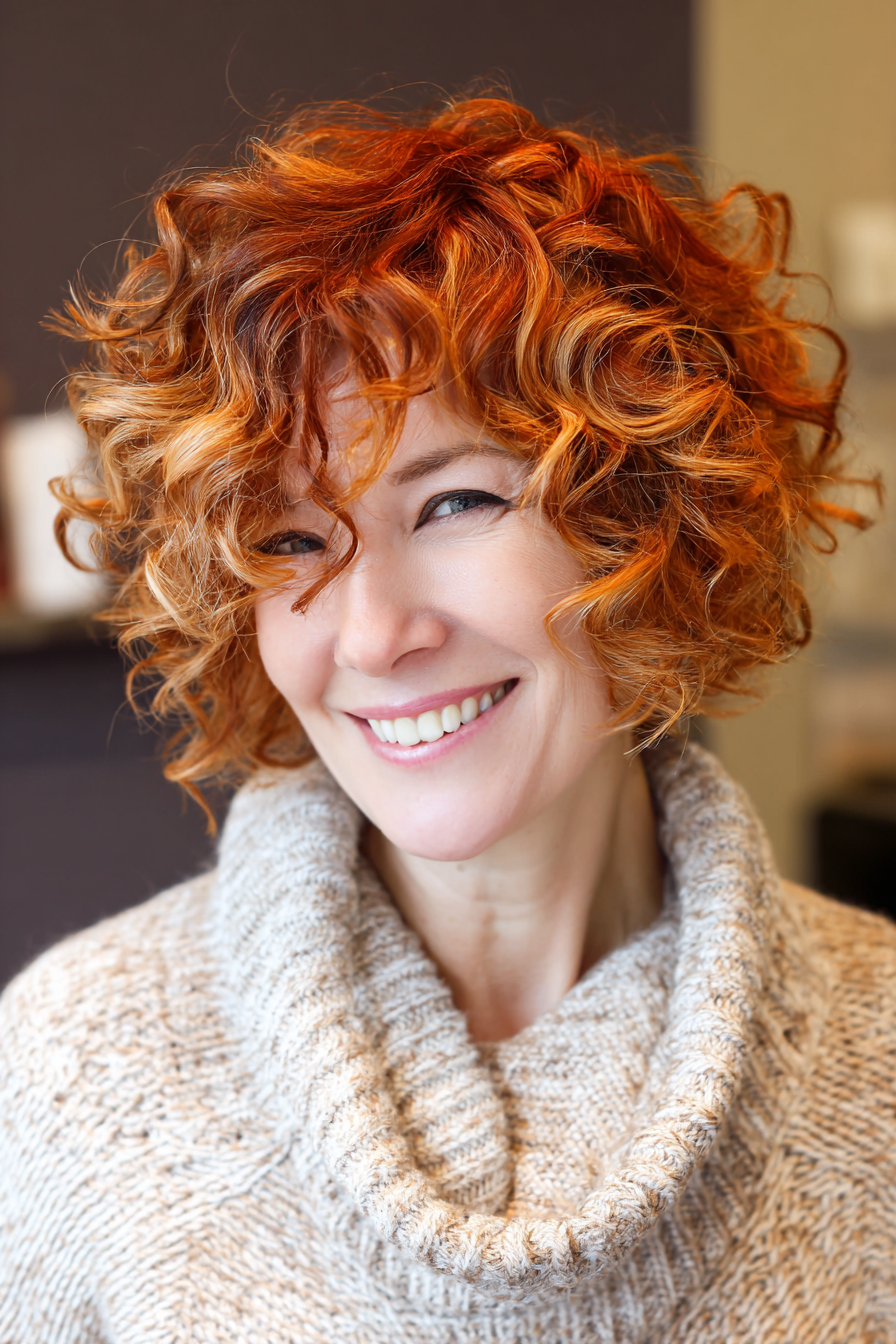 5. Curly Bob mit Kupferbalayage (funkige Haarschnitte für ältere Frauen) - Funky Haarschnitte für ältere Frauen