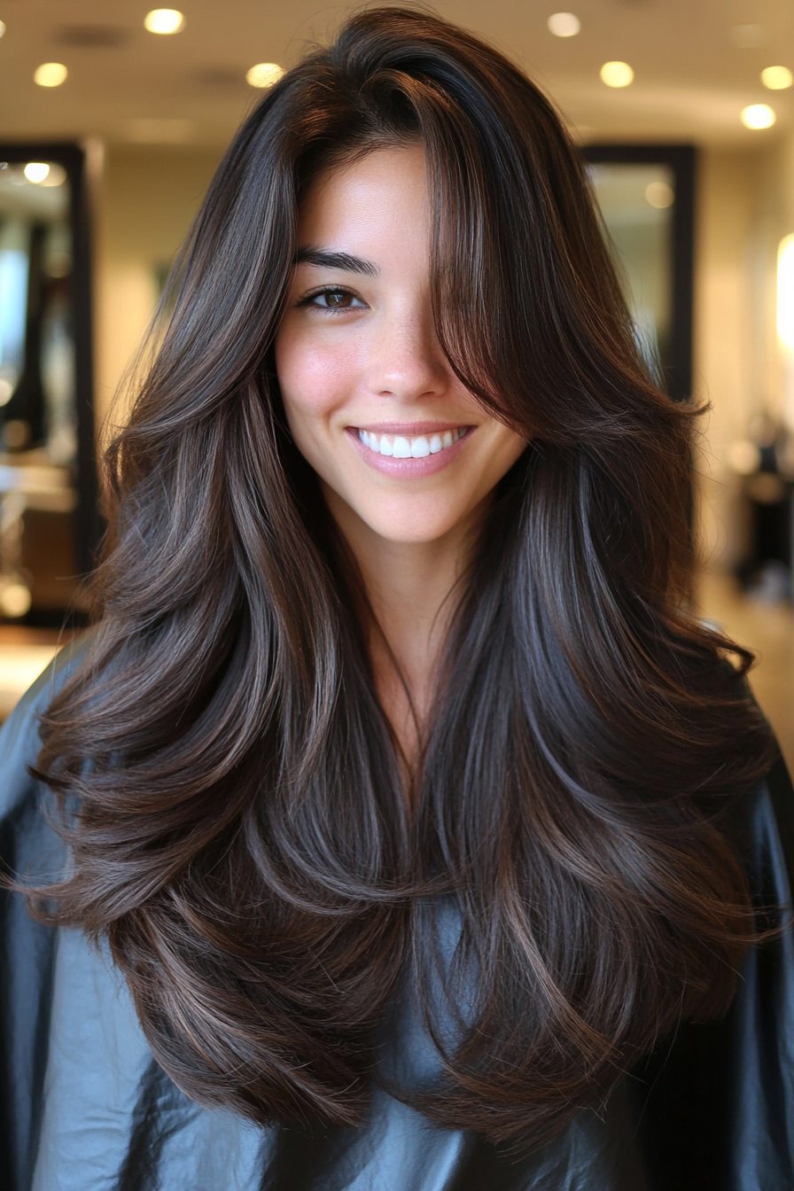 5. dunkle Schokoladen -Abgehende Schichten (lang geschichtete Haarschnitte) - lang geschichtete Haarschnitte