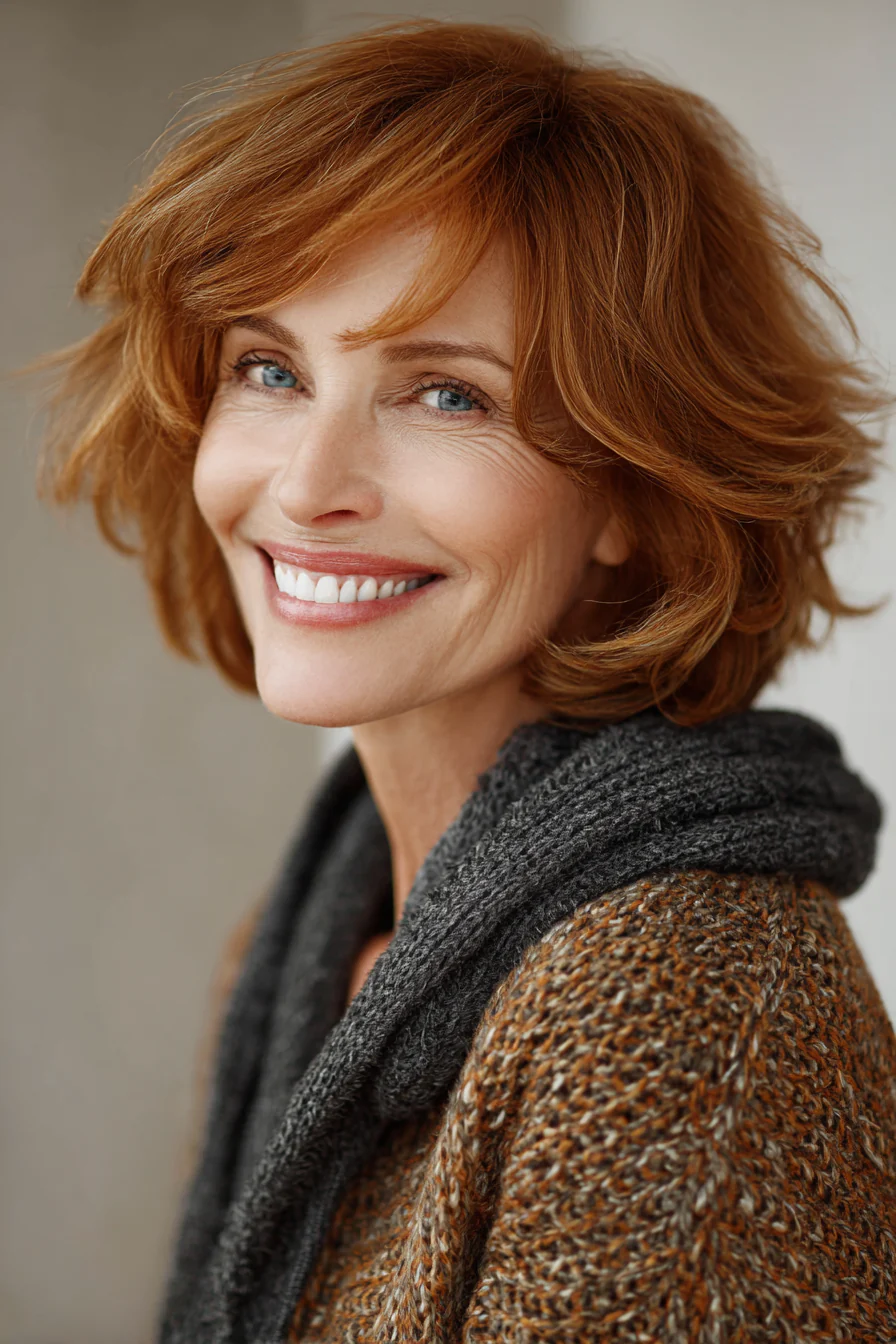 5. Gefiederter Auburn Bob (Edle Frisuren für Frauen über 50) – Edle Frisuren für Frauen über 50