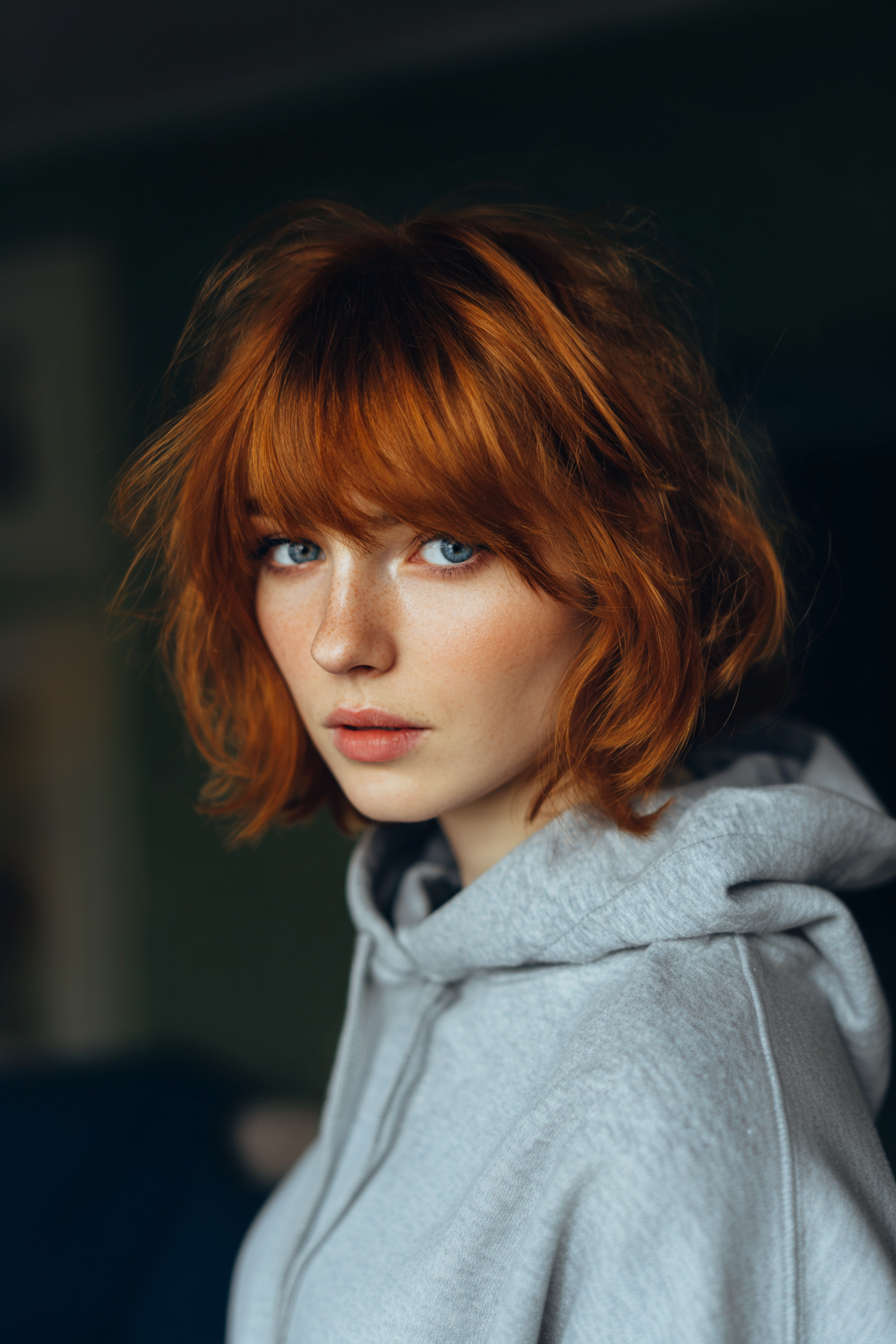 5. Federed Bob mit seitlich versiegten Pony in weichem Kupfer (kurze Bob -Frisuren mit Pony) - kurze Bob -Frisuren mit Pony