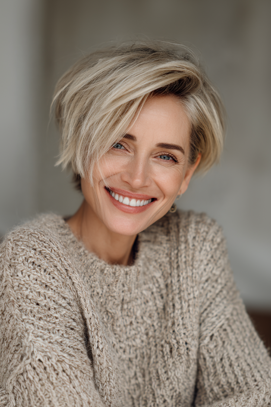 5. gefiederte Ernte in Champagnerblond (Kinnlänge Haarschnitte für ältere Frauen) - Haarschnitte für ältere Frauen kinnlänge