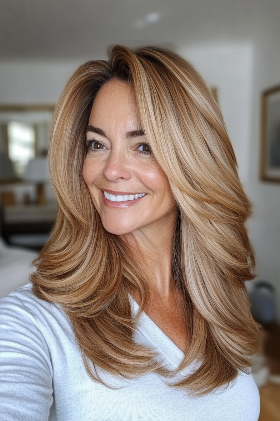 5. gefiederter Honigbraun mittelschnitten (neue Frisuren für Frauen über 50) - neue Frisuren für Frauen über 50