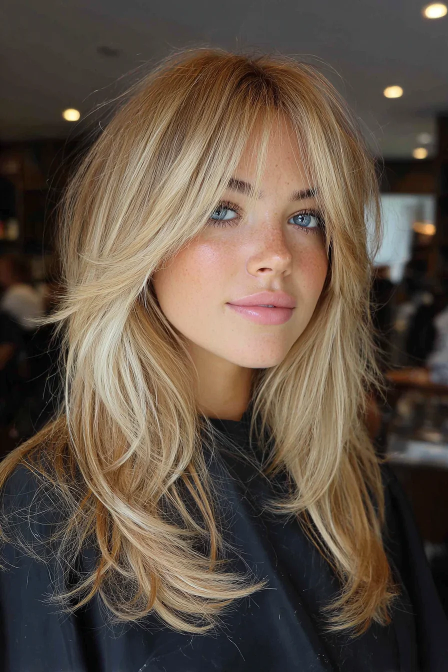 5. Gefiederte Schichten mit weichem Seitenpony in Goldblond (Mittellange Frisuren mit Pony) – Mittellange Frisuren mit Pony