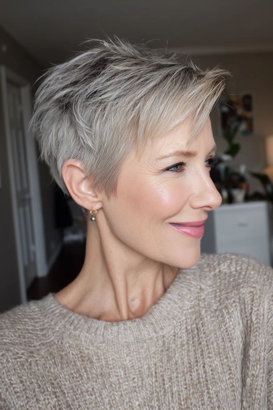 5. Gefiederter Pixie in Silver Mist (Kurzhaarschnitte für Frauen über 40 mit feinem Haar) – Kurzhaarschnitte für Frauen über 40 mit feinem Haar