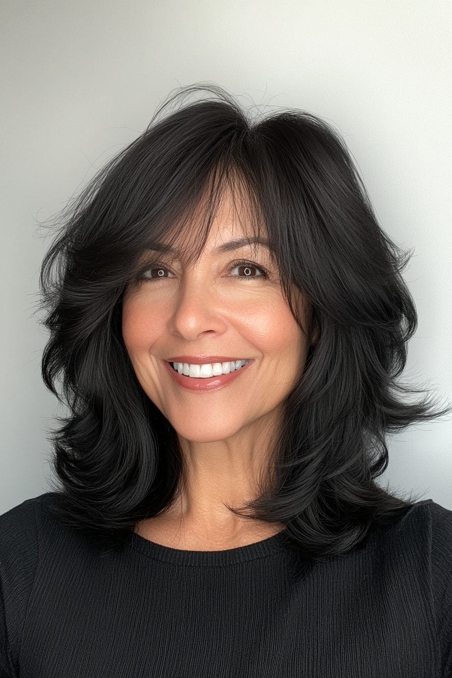 5. gefiederter Shag in natürlicher Schwarz (einfache Haarschnitte für Frauen über 40) - einfache Haarschnitte für Frauen über 40