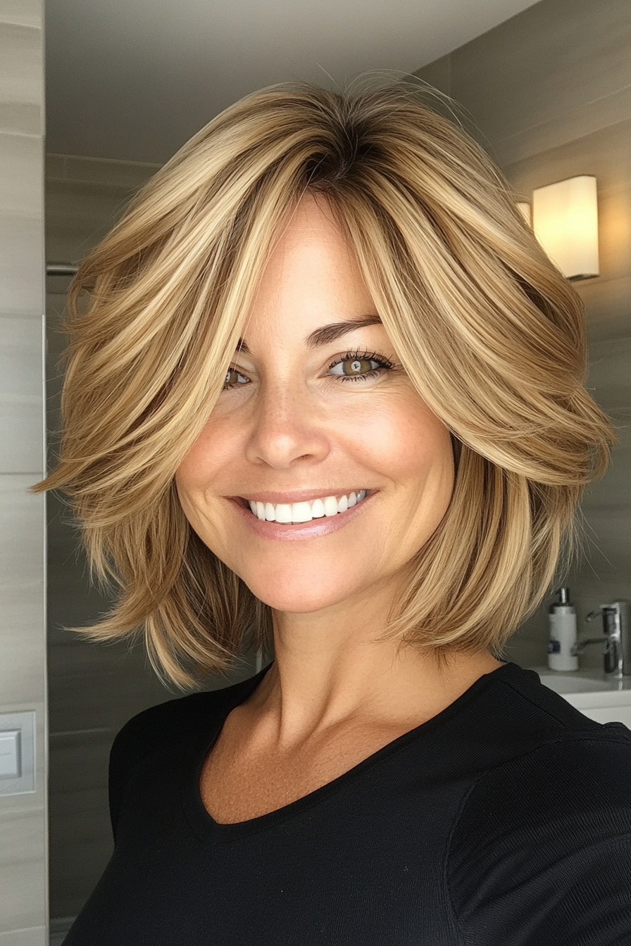 5. gefiederter Shag mit Honigblonde Highlights (schicke kurze Frisuren für Frauen über 40) - schicke kurze Frisuren für Frauen über 40