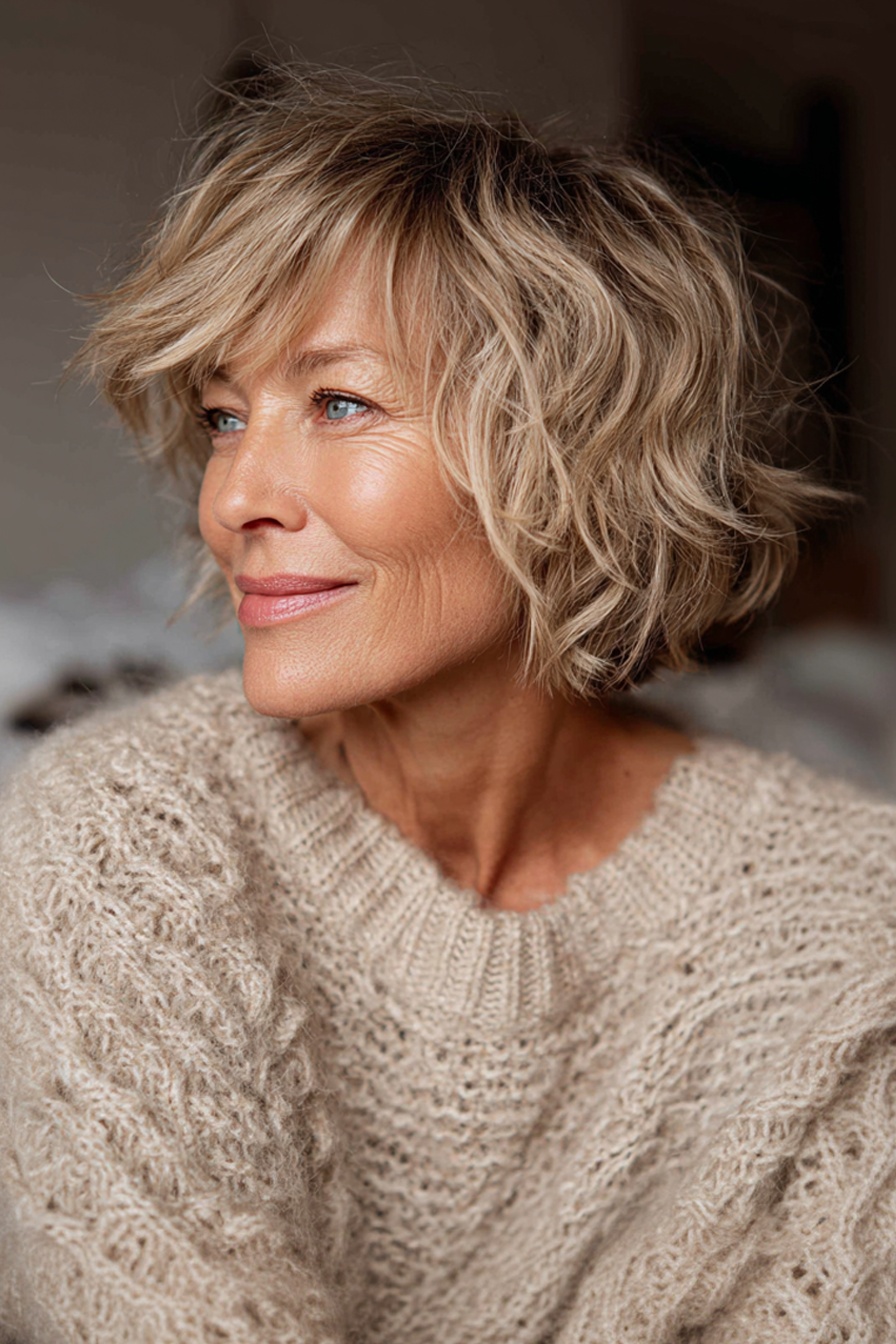 5. Gefiederter Shag mit honigblonden Farbtönen (Kurzhaarschnitte für Frauen über 60 mit dickem, gewelltem Haar) – Kurzhaarschnitte für Frauen über 60 mit dickem, gewelltem Haar