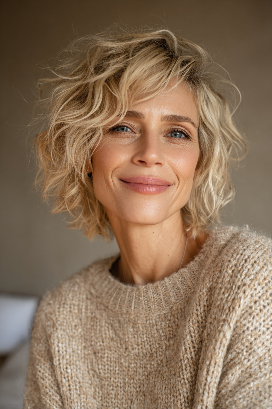 5. Golden Beige Shag Cut (kurze Frisuren für Frauen über 50 mit welligen Haaren) - kurze Frisuren für Frauen über 50 mit welligen Haaren