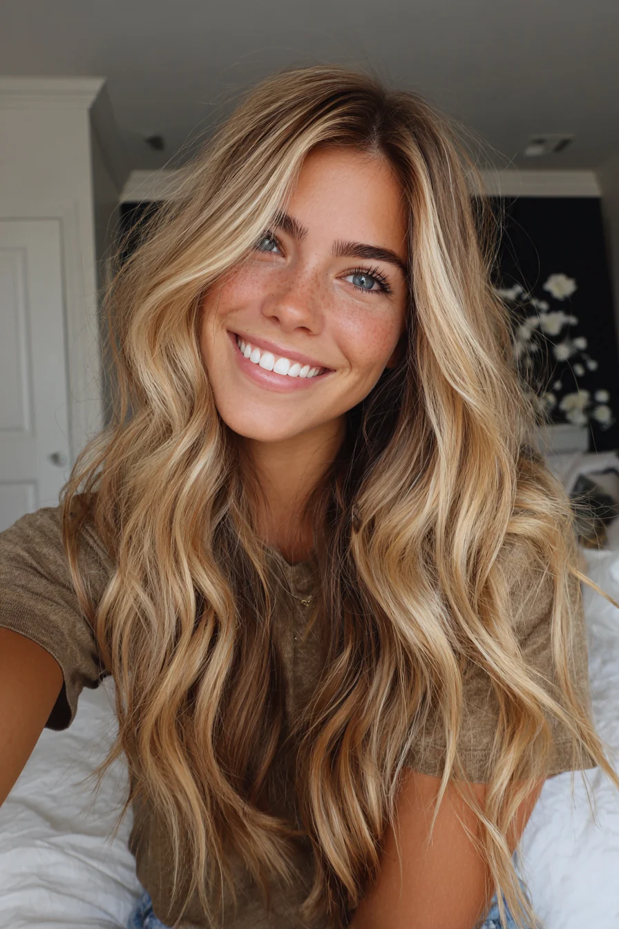 5. Goldblonde fließende Schichten (lange gewellte Frisuren) – Lange gewellte Frisuren
