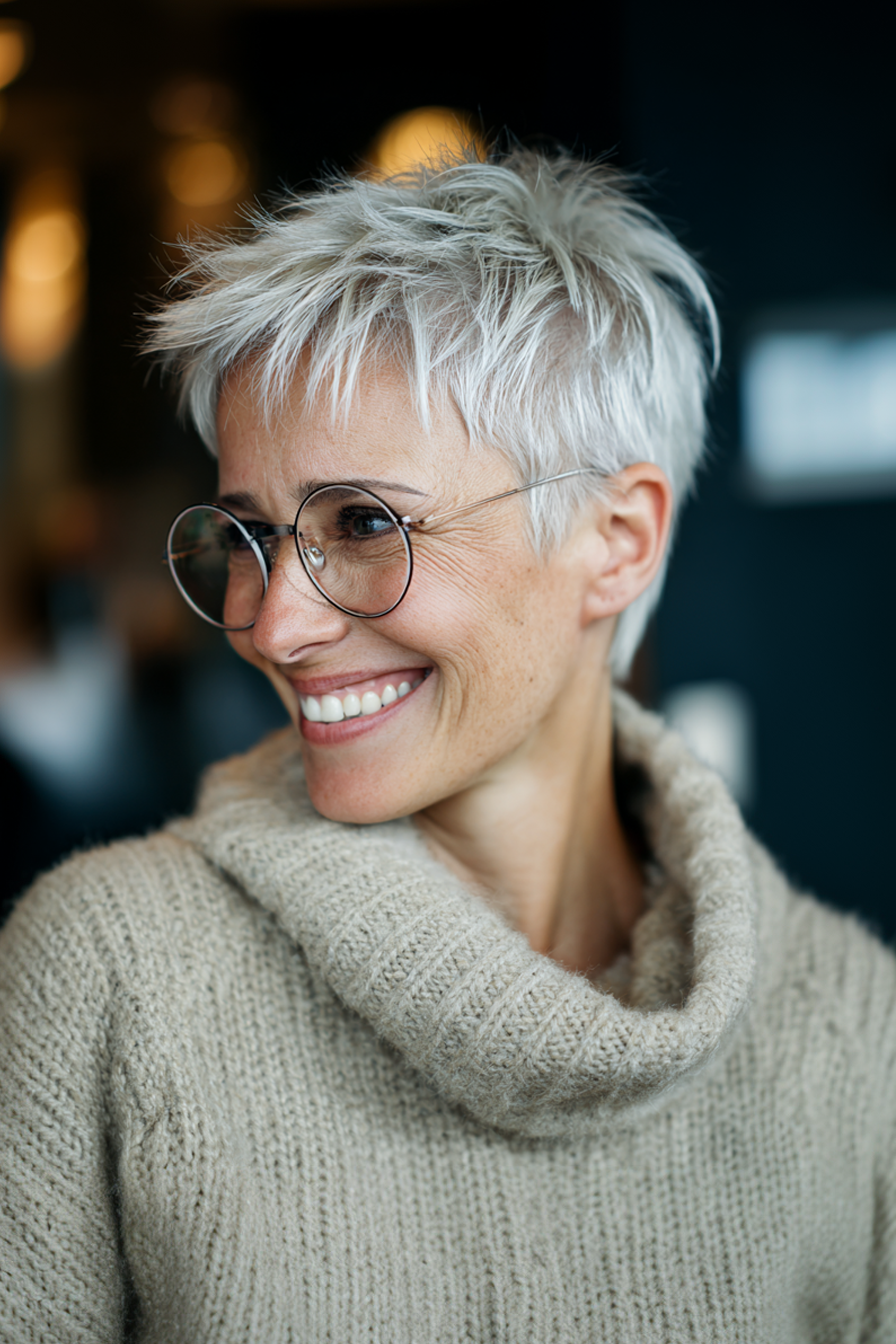 5. eisiges blonde nervöse Unterkut -Pixie (kurze Frisuren für Frauen über 50 mit Brillen) - kurze Frisuren für Frauen über 50 mit Brillen