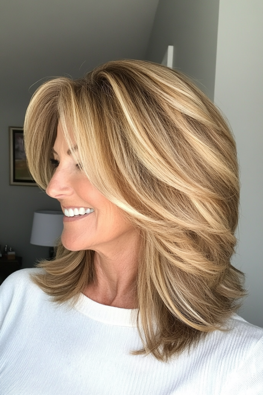 5. Schicht geschnitten mit goldenen blonden Highlights (Ausschnittslänge Haarschnitte für ältere Frauen) - Ausschnittslänge Haarschnitte für ältere Frauen