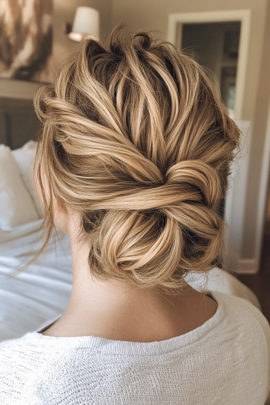 5. Layered Messy Bun in Sandy Blonde (Hochsteckfrisur für Frauen über 40) - Hochsteckfrisuren für Frauen über 40
