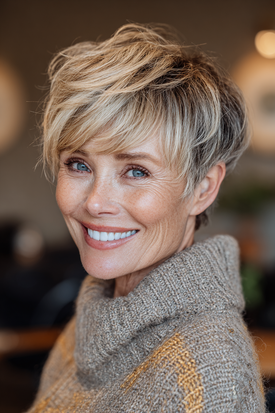 5. Stufen-Pixie mit Champagner-Highlights (Stufen-Pixie-Haarschnitte für Frauen über 60) – Stufen-Pixie-Haarschnitte für Frauen über 60