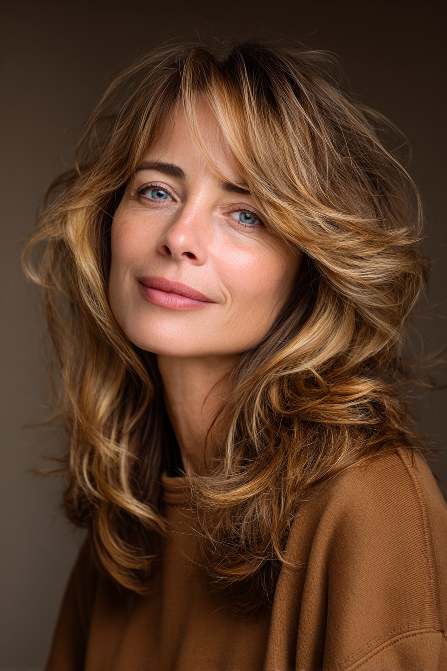 5. Lange, unordentliche Schichten mit Karamellbändern (Unordentliche Frisuren für Frauen über 50) – Unordentliche Frisuren für Frauen über 50