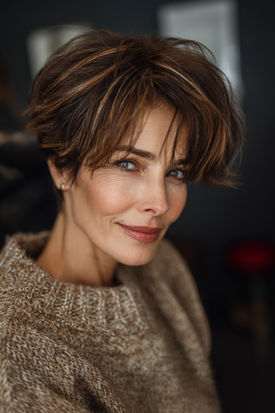 5. Lange Pixie mit Karamellstreifen (kantige Haarschnitte für Frauen über 50) - kantige Haarschnitte für Frauen über 50