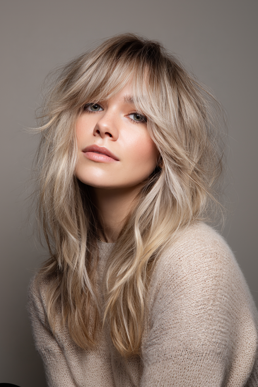 5. Langer Shag geschnitten mit aschblonden Tönen (lange Haarschnitte für ovales Gesicht) - lange Haarschnitte für ovales Gesicht