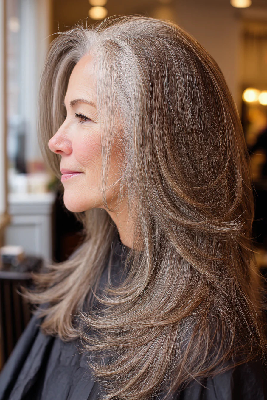 5. Langer Shag mit aschbraunen Untertönen (Lange Frisuren für Frauen über 60 mit dünnem Haar) – Lange Frisuren für Frauen über 60 mit dünnem Haar