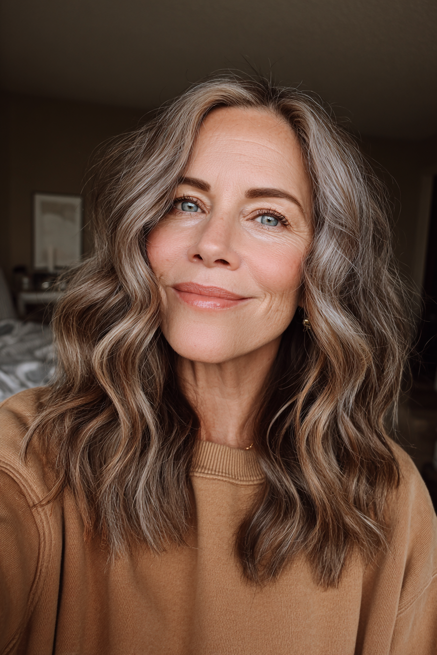 5. Mittlere Strandwellen mit aschbraunem Balayage (mittellange Frisuren für Frauen über 50 mit welligem Haar) – Mittellange Frisuren für Frauen über 50 mit welligem Haar