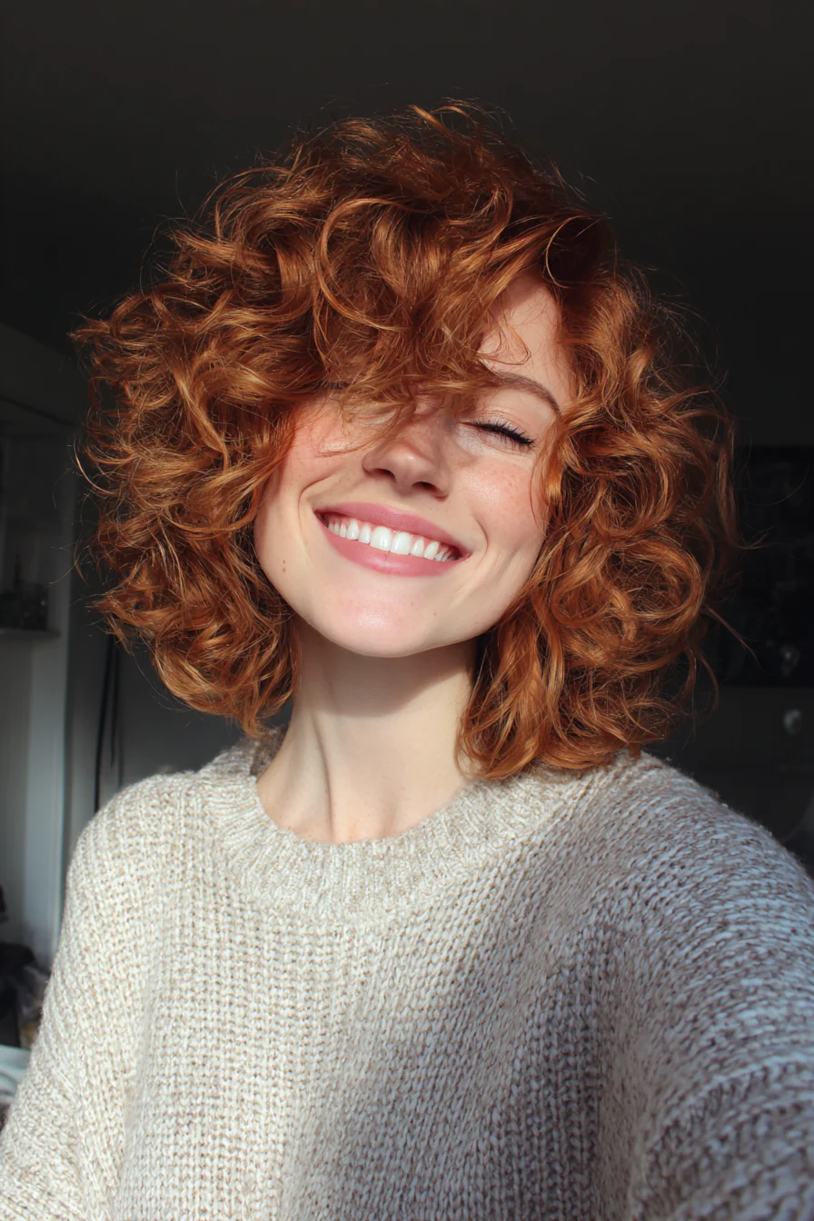 5. Mittlerer Lockenschnitt mit gesichtsrahmenden Schichten in Kastaniengold (Mittellange Haarschnitte für lockiges Haar) – Mittellange Haarschnitte für lockiges Haar