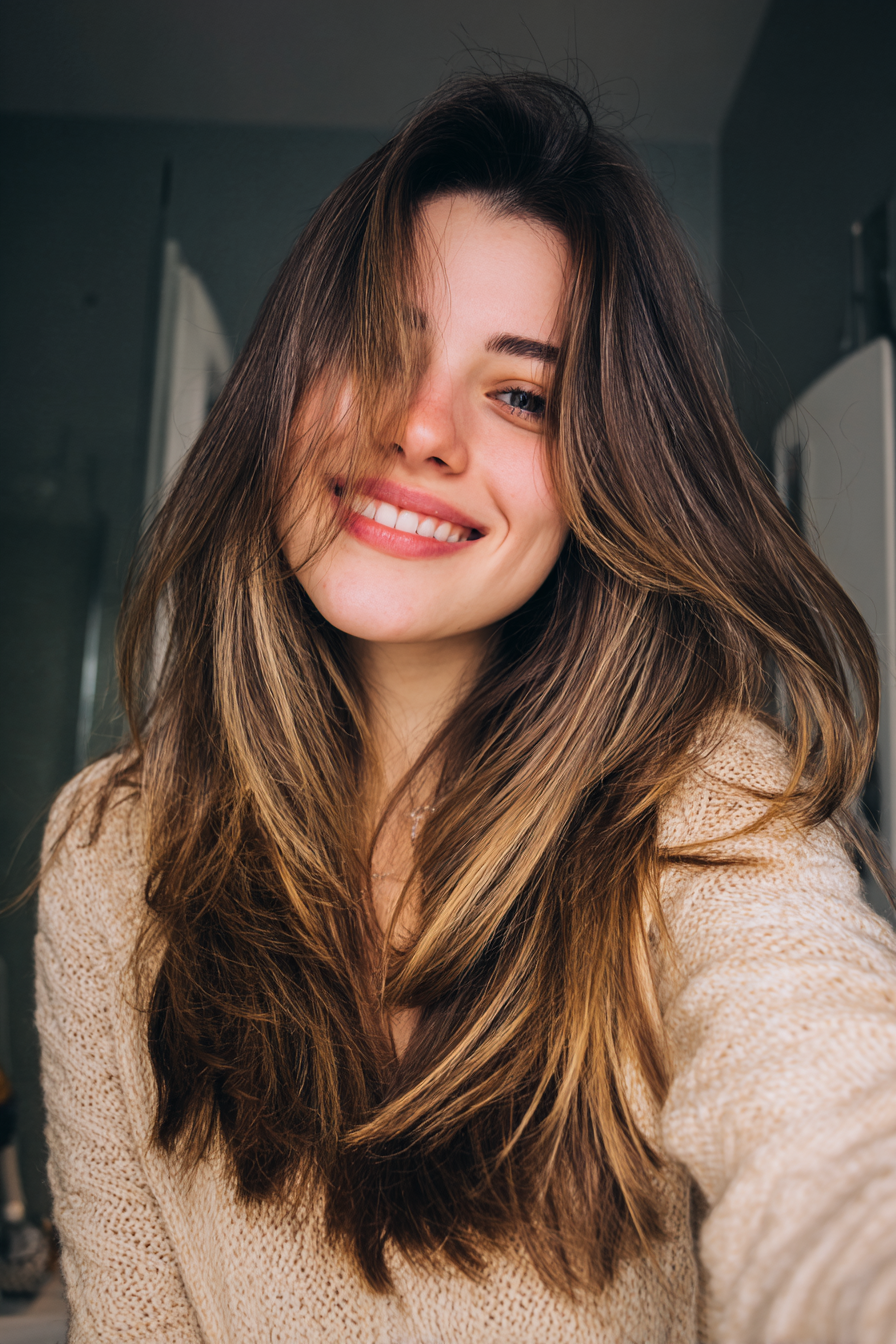 5. Moderner Schmetterlingsschnitt mit Karamell-Highlights (Haarschnitte für glattes Haar) – Haarschnitte für glattes Haar