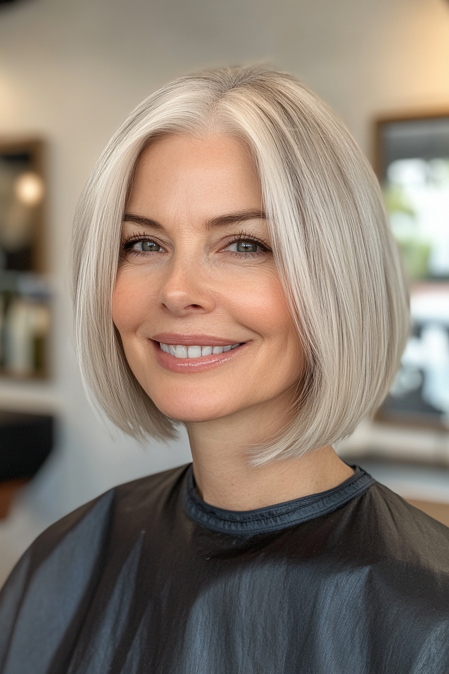 5. Perle White Sleek Bob (Haarschnitte für Frauen über 50 mit grauem Haar) - Haarschnitte für Frauen über 50 mit grauen Haaren