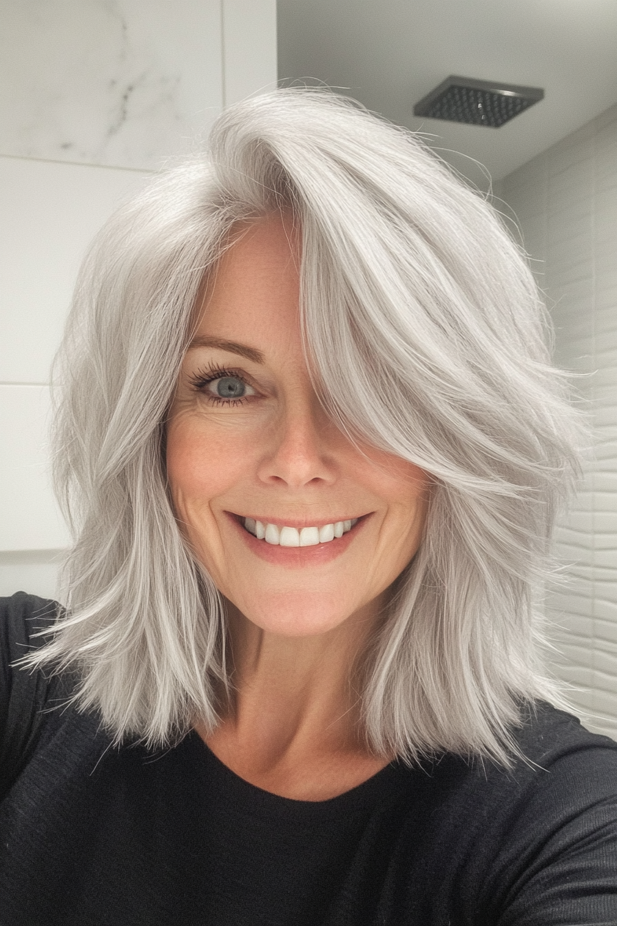 5. Platinsilber weicher Shag (zottelige Frisuren für Frauen über 50) - Shaggy Frisuren für Frauen über 50