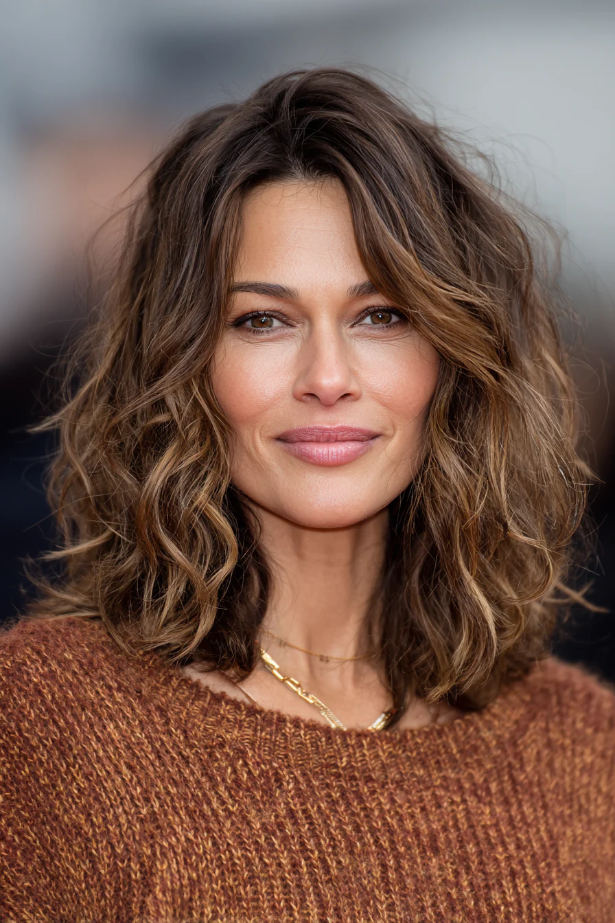 5. Abgerundeter Schnitt mit dimensionalem braunem Balayage (mittellange lockige Haarschnitte für Frauen über 40) – mittellange lockige Haarschnitte für Frauen über 40