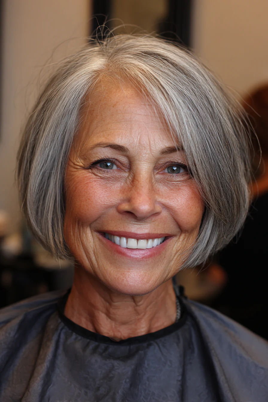 5. Klassischer Salt-and-Pepper-Bob mit seitlichem Pony (Haarschnitte für Frauen über 50 mit glattem Haar) – Haarschnitte für Frauen über 50 mit glattem Haar