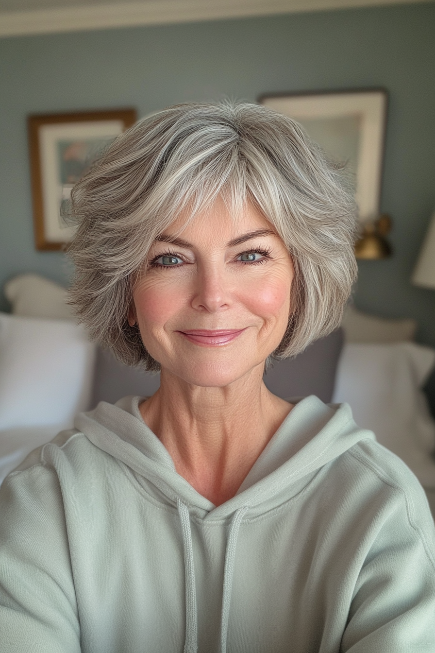 5. Kurzes Salz-und-Prepper-Shag mit sich verjüngten Enden (Shag-Frisuren für Frauen über 60)-Shag-Frisuren für Frauen über 60