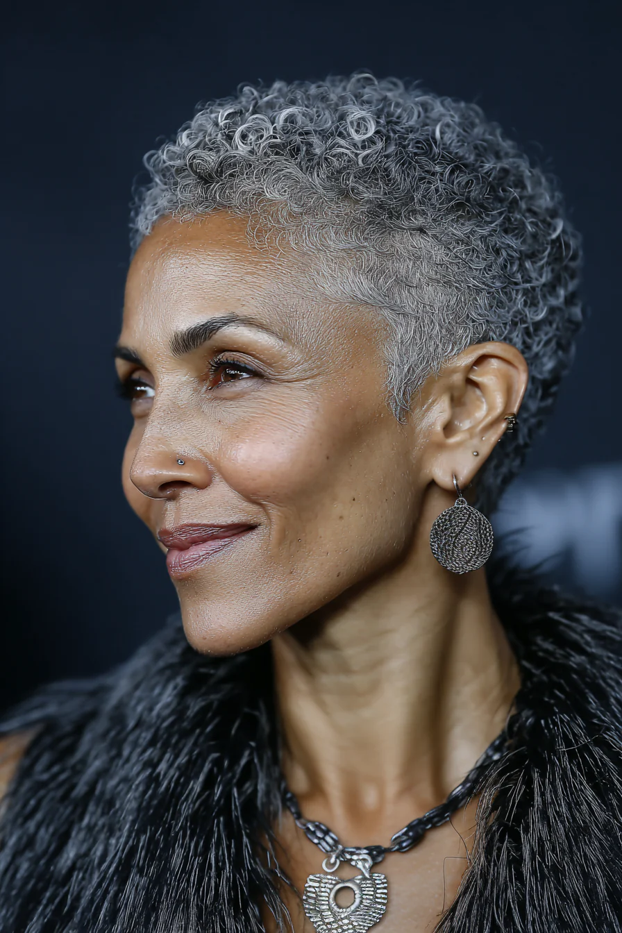 5. Silbergrauer, sich verjüngender Spiralschnitt (Ausgefallene, lockige Kurzhaarfrisuren für Frauen über 40) – Ausgefallene, lockige Kurzhaarfrisuren für Frauen über 40