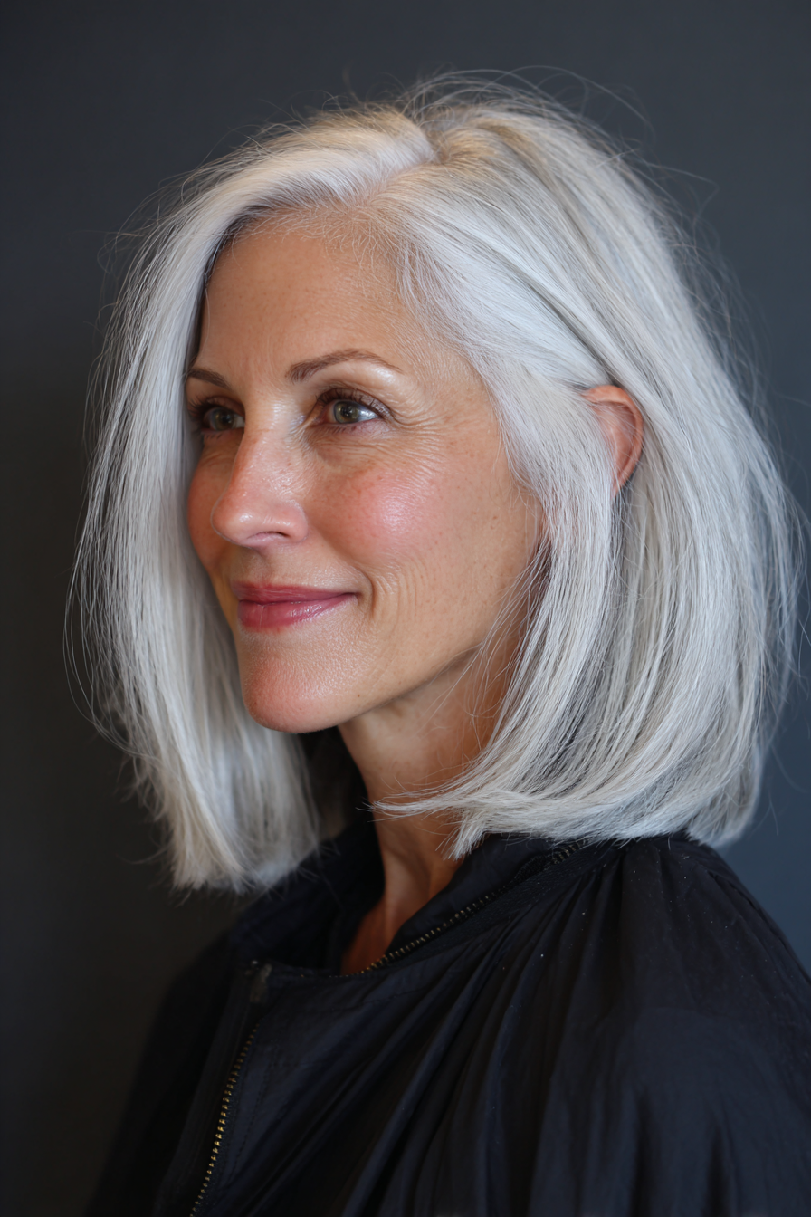 5. Silvery Angled Lob (Weiße Frisuren für Frauen über 50) – Weiße Frisuren für Frauen über 50