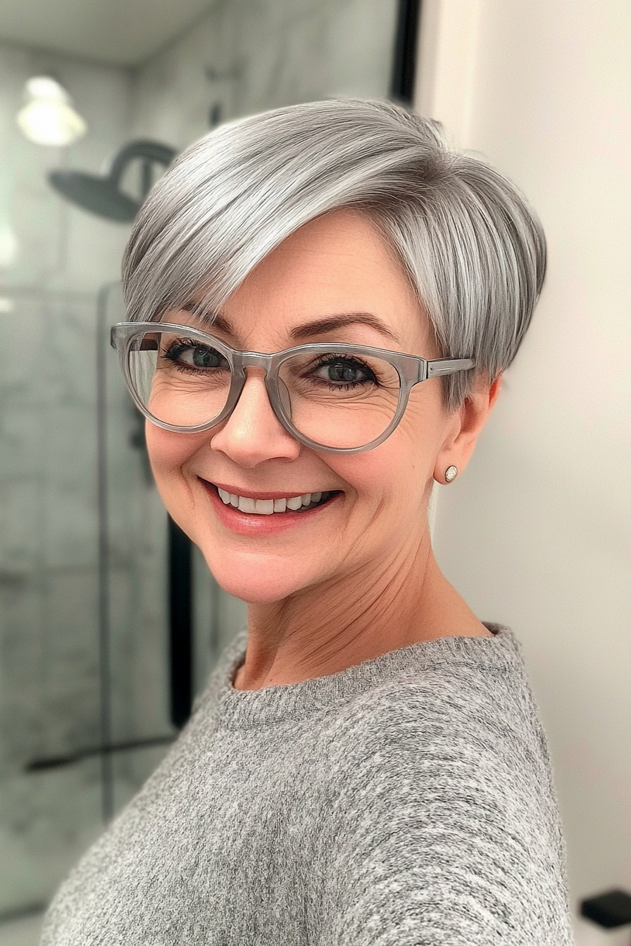 5. Silberner, sich verjüngender Pixie mit seitlichem Pony (Pixie-Haarschnitte für Frauen über 60 mit Brille) – Pixie-Haarschnitte für Frauen über 60 mit Brille