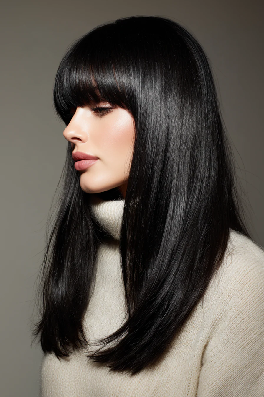 5. Glattes glattes Haar mit tiefschwarzen Curtain Bangs (Curtain Bangs Haircuts) – Curtain Bangs Haircuts