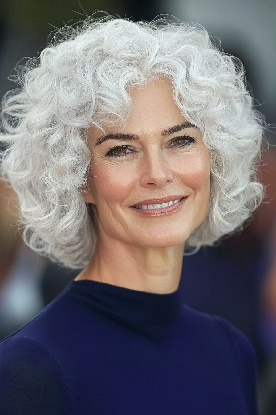 5. Snowy White Curly Crop (kurze lockige Frisuren für Frauen über 50 mit grauem Haar) - kurze lockige Frisuren für Frauen über 50 mit grauen Haaren