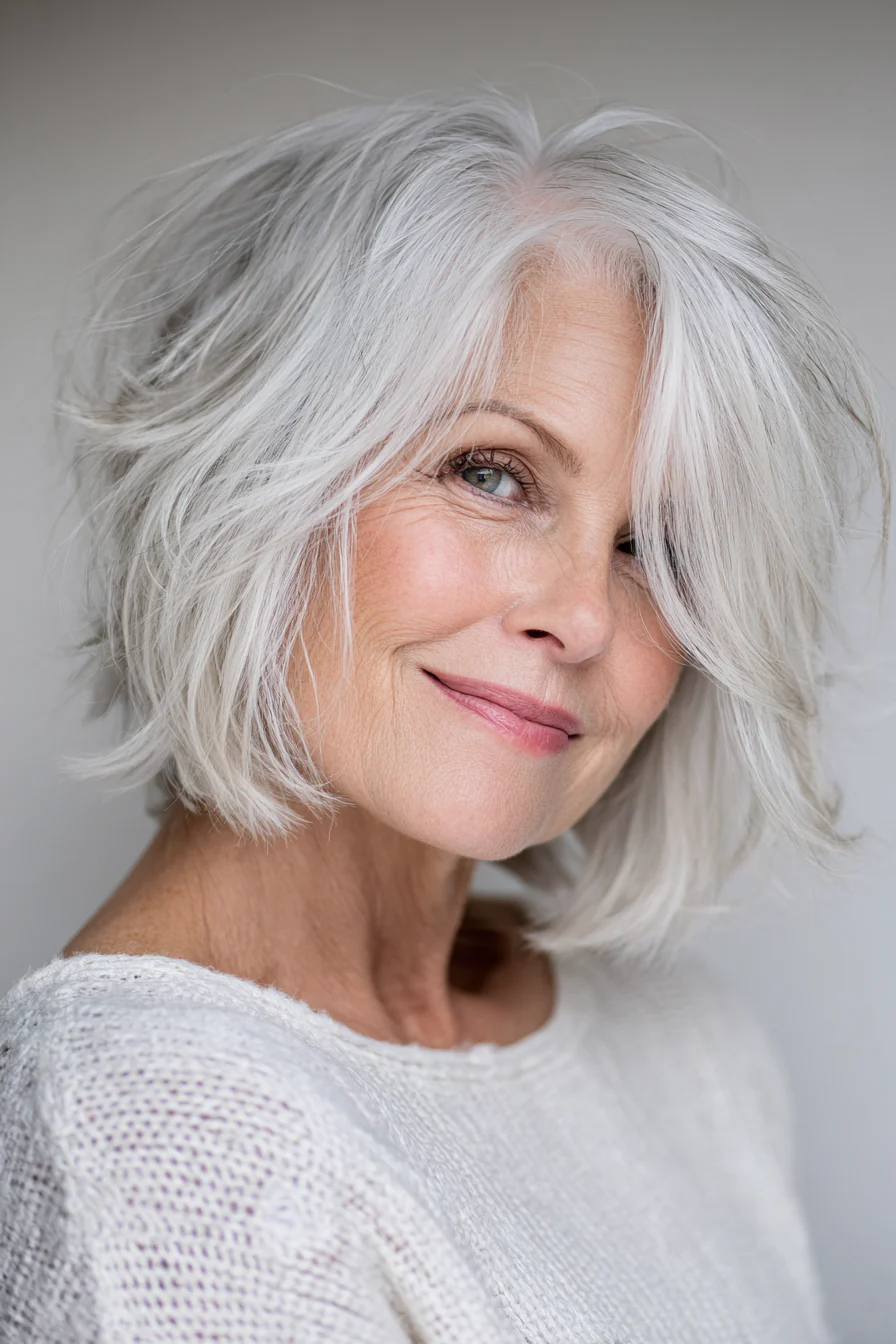 5. Snowy White Layered Lob (abgehackte Haarschnitte für Frauen über 60) – abgehackte Haarschnitte für Frauen über 60