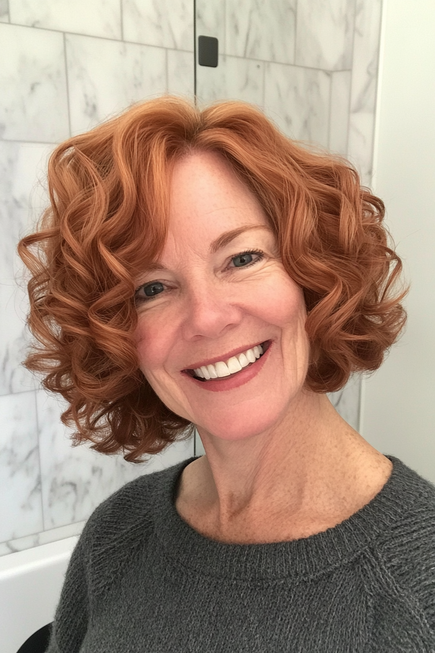 5. Weicher Auburn Halo Bob (Haarschnitte für ältere Frauen mit lockigem Haar) - Haarschnitte für ältere Frauen mit lockigem Haar