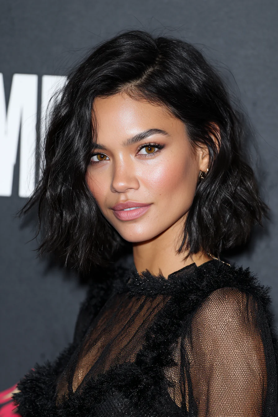 5. Weicher, schwarzer, geschichteter, mittellanger Schnitt (Wellige Frisuren für Frauen) – Wellige Frisuren für Frauen