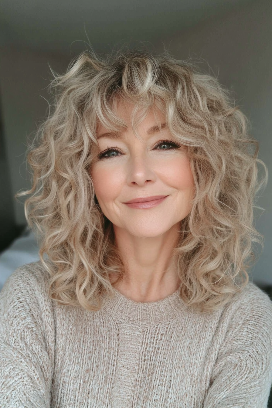 5. Weiche Locken mit Mikro -Pony in cremiger Beige Blonde (Haarschnitte für Frauen über 60 mit Pony) - Haarschnitte für Frauen über 60 mit Pony