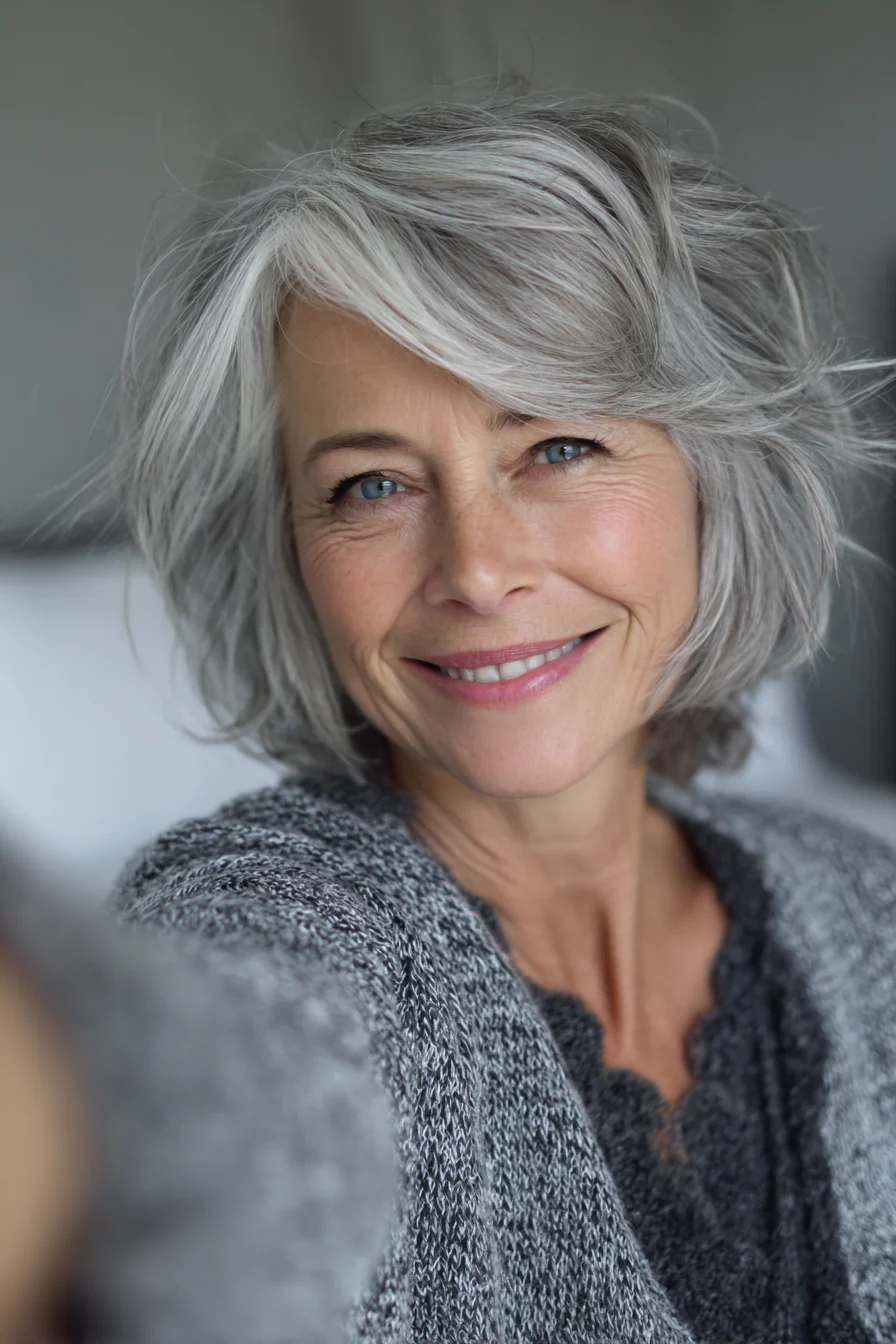 5. Soft Grey Layered Shag (Edle Frisuren für Frauen über 60) – Edle Frisuren für Frauen über 60