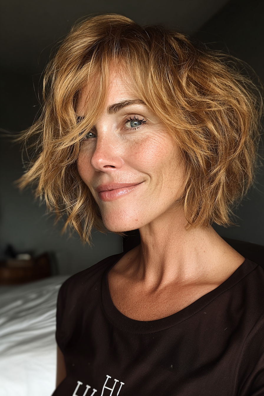 5. Sunlit Honey Blonde Shag (Kurzfrisuren für Frauen über 50 mit dickem, gewelltem Haar) – Kurze Frisuren für Frauen über 50 mit dickem, gewelltem Haar