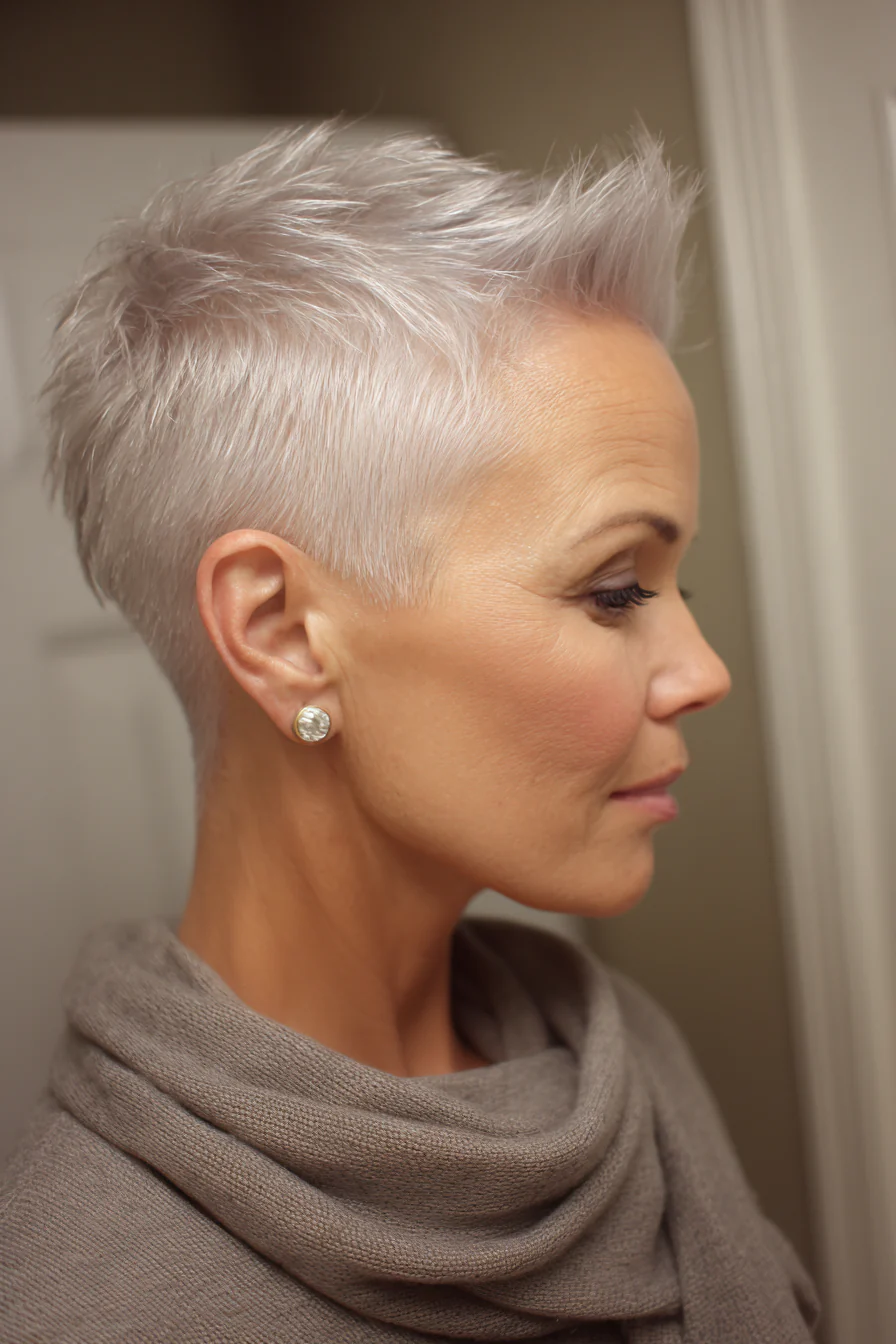 5. Tapered Silver Pixie mit Crown Lift (Kurzhaarfrisuren für Frauen über 40 mit dünnem Haar) – Kurzhaarfrisuren für Frauen über 40 mit dünnem Haar