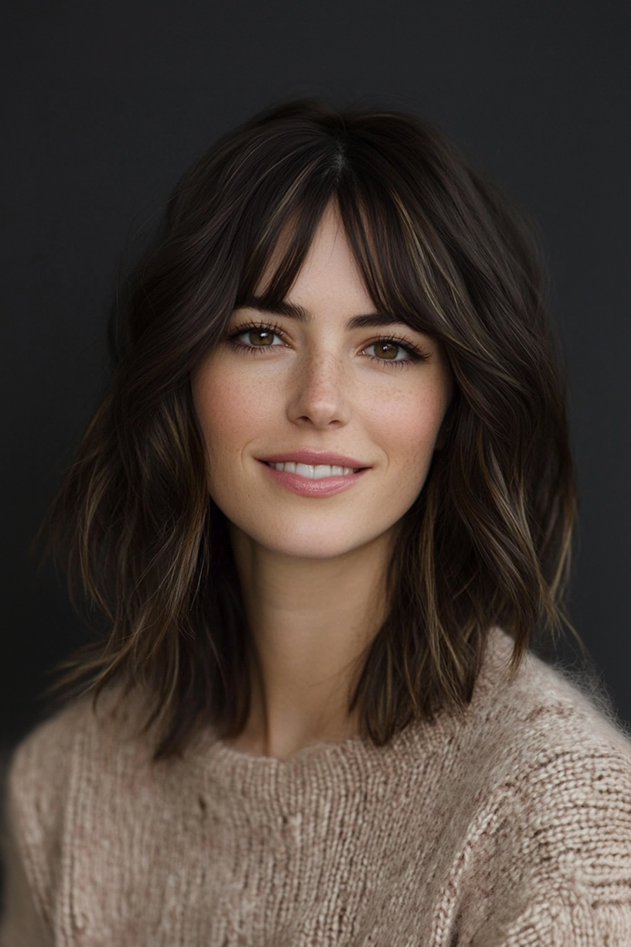 5. Strukturierte MIDI mit Rosenholztönung (wellige Haarschnitte mit Vorhangpons) - wellige Haarschnitte mit Vorhangstücken