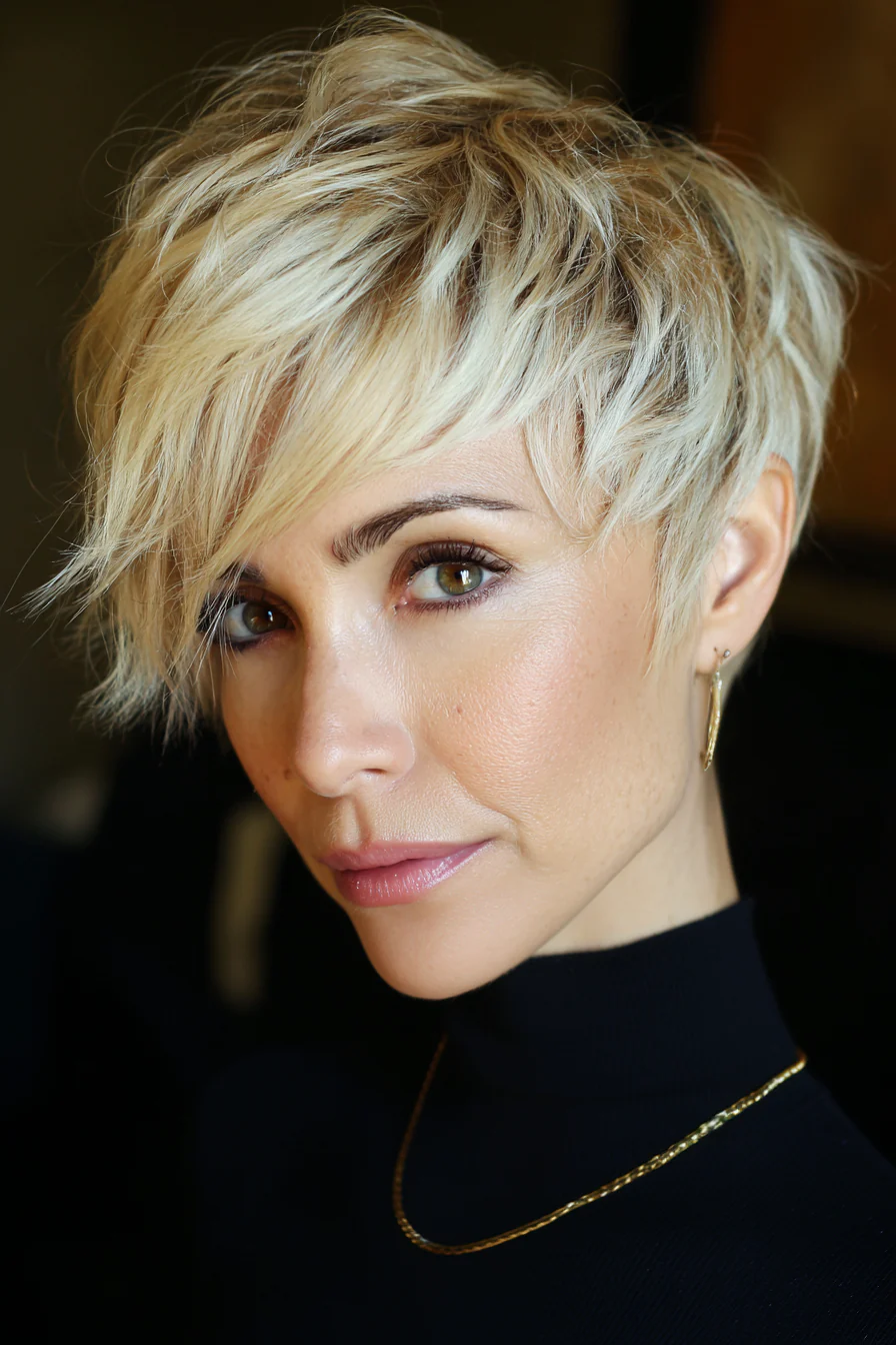 5. Strukturierter Pixie mit seitlichen Fransen – Hellgoldblond (kurze Frisuren für ältere Frauen mit dickem Haar) – Kurze Frisuren für ältere Frauen mit dickem Haar